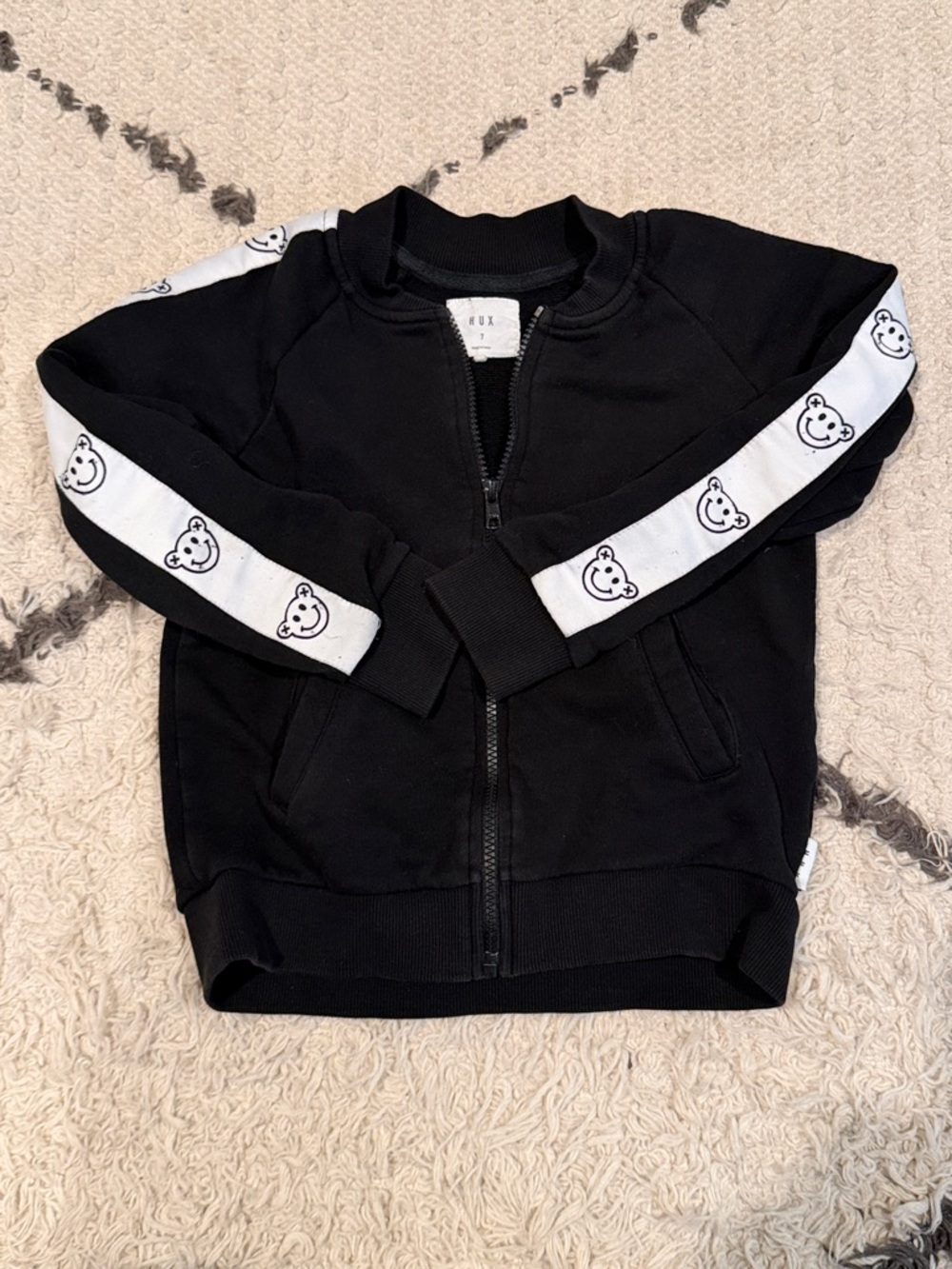 Huxbaby Black Zip Hoodie with White Bear-Stripe Sleeves